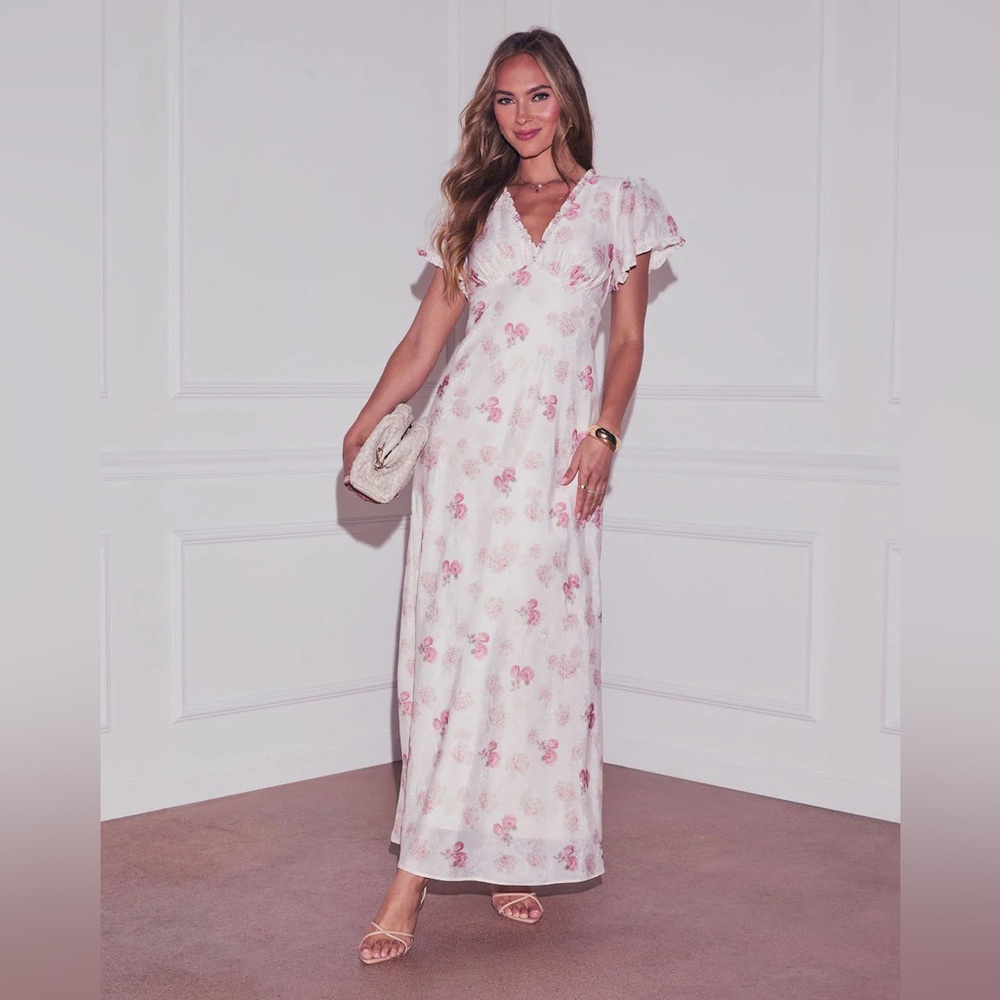 Vici White and Pink Floral Maxi Dress: Lorrie Floral Jacquard Maxi Dress